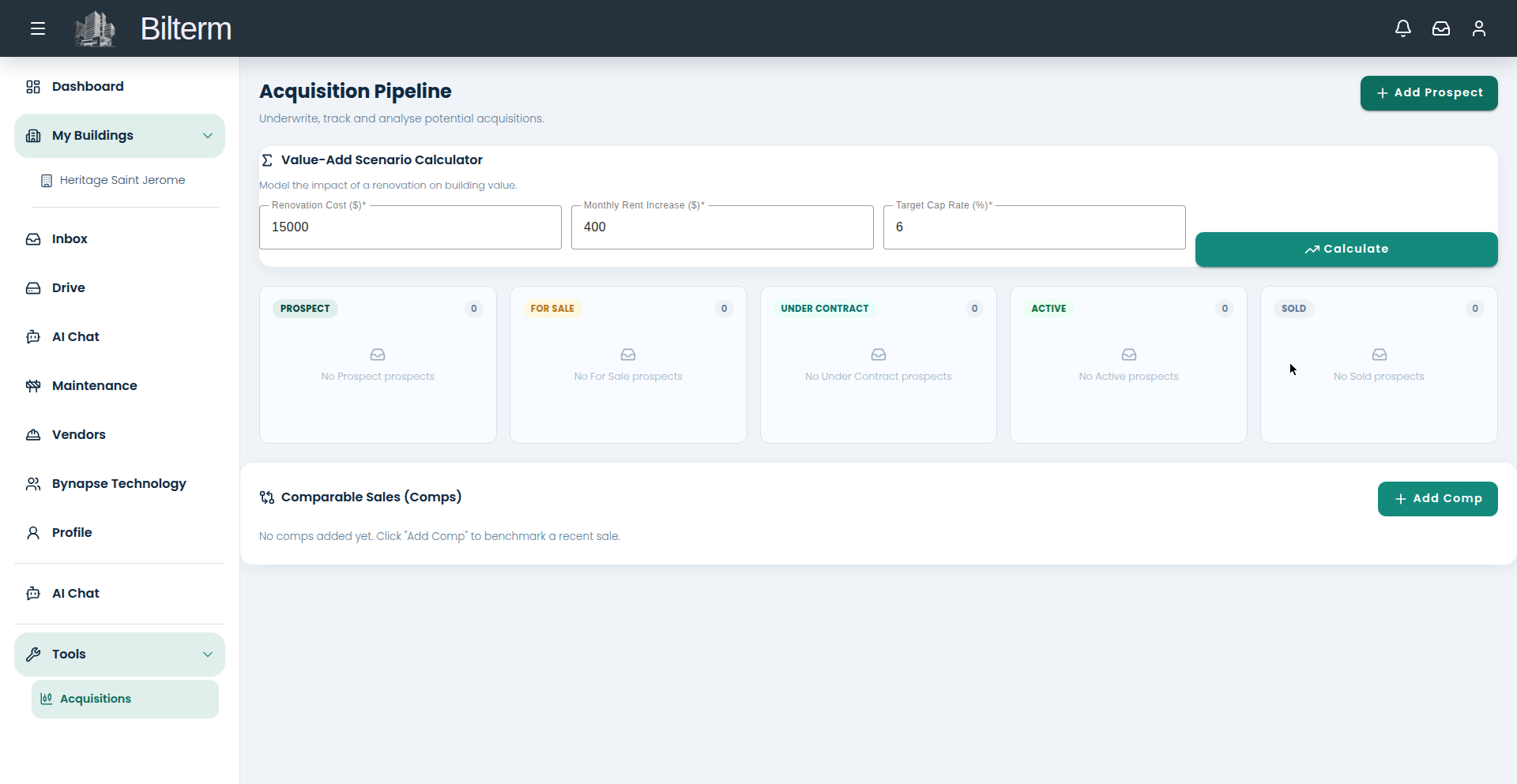 Acquisition pipeline and value-add calculator.