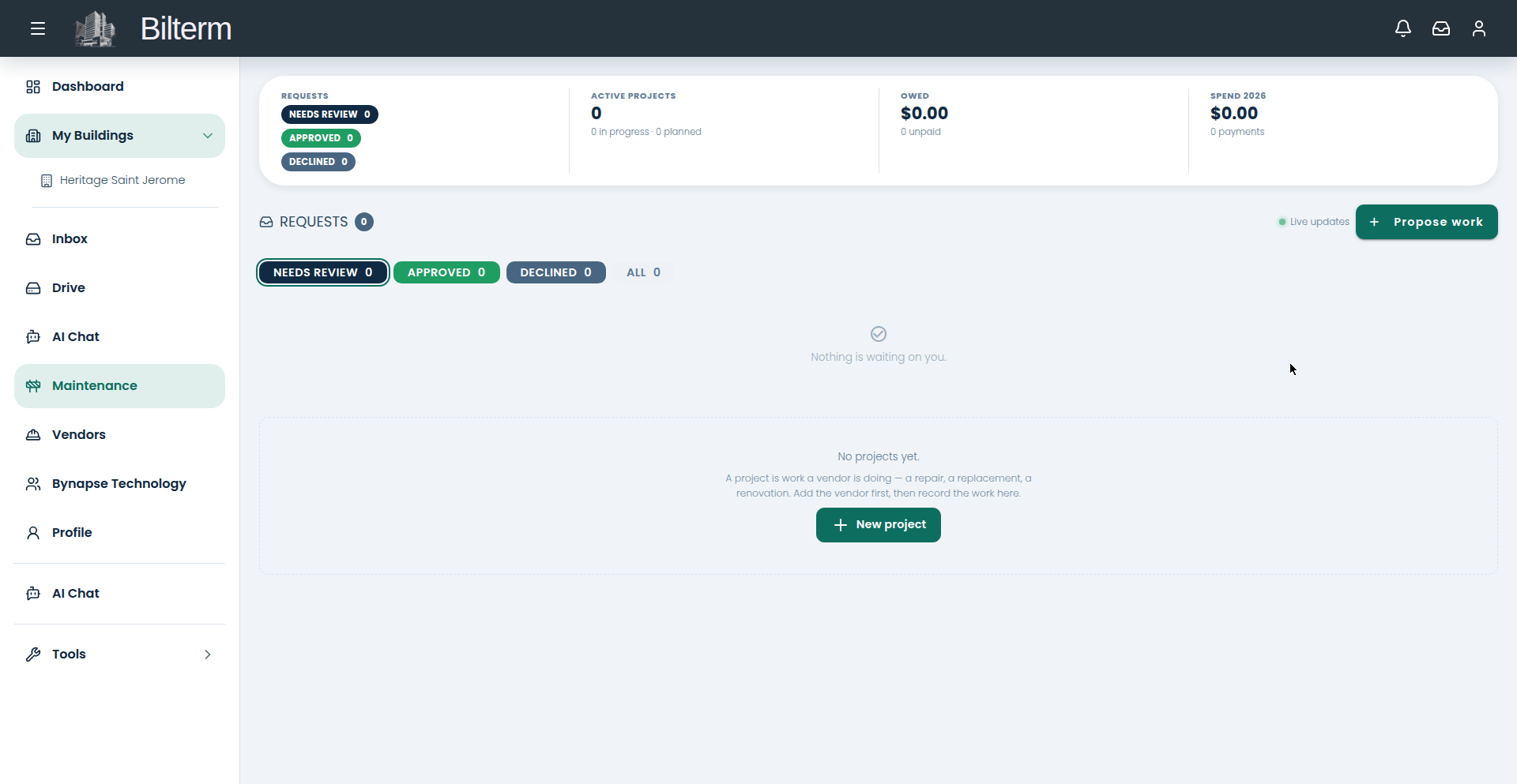 Maintenance requests with live status updates.