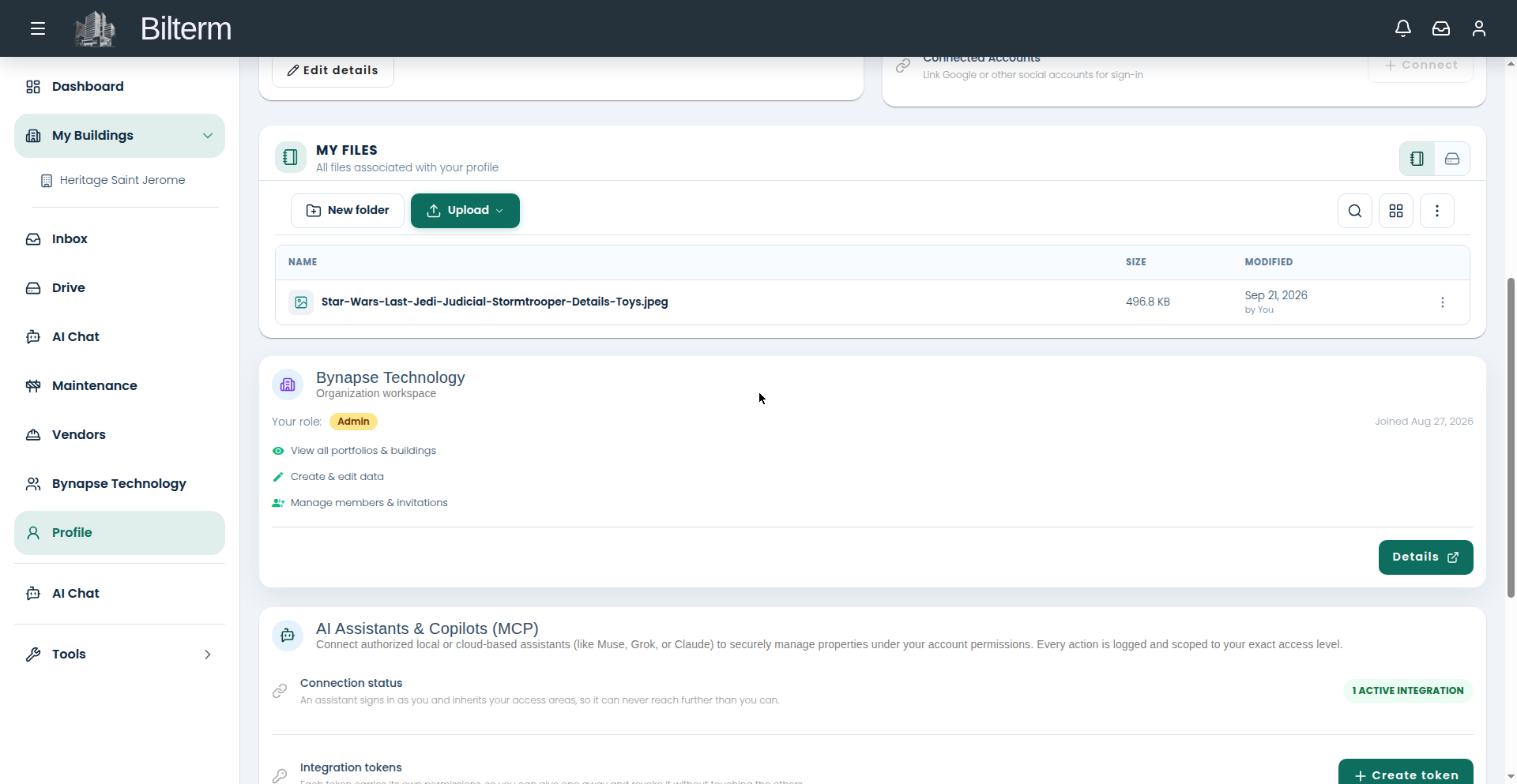 Integration tokens on the Profile page.
