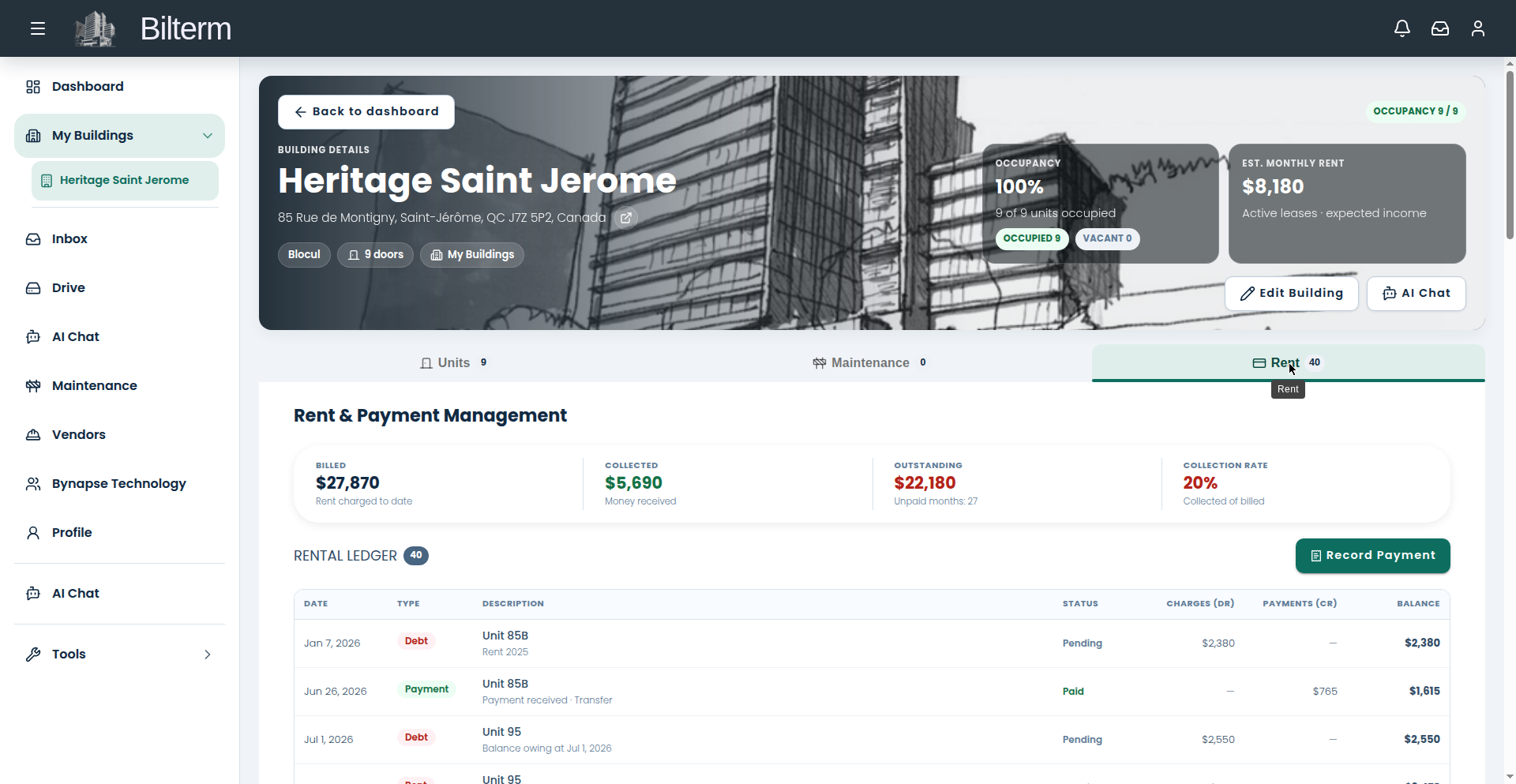 The rent ledger: billed, collected, outstanding, and collection rate.