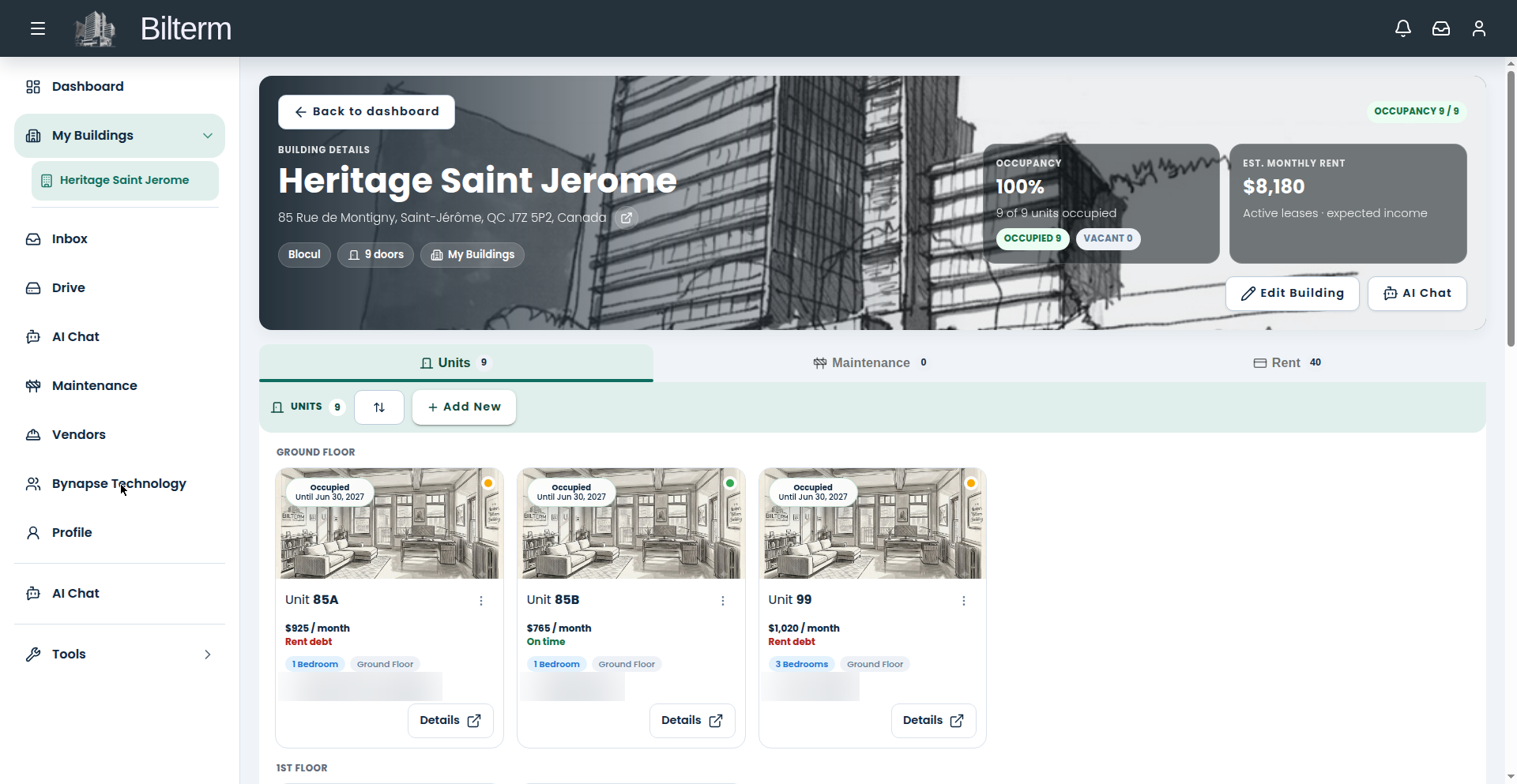 Building detail page screenshot showing unit cards with tenant names blurred out