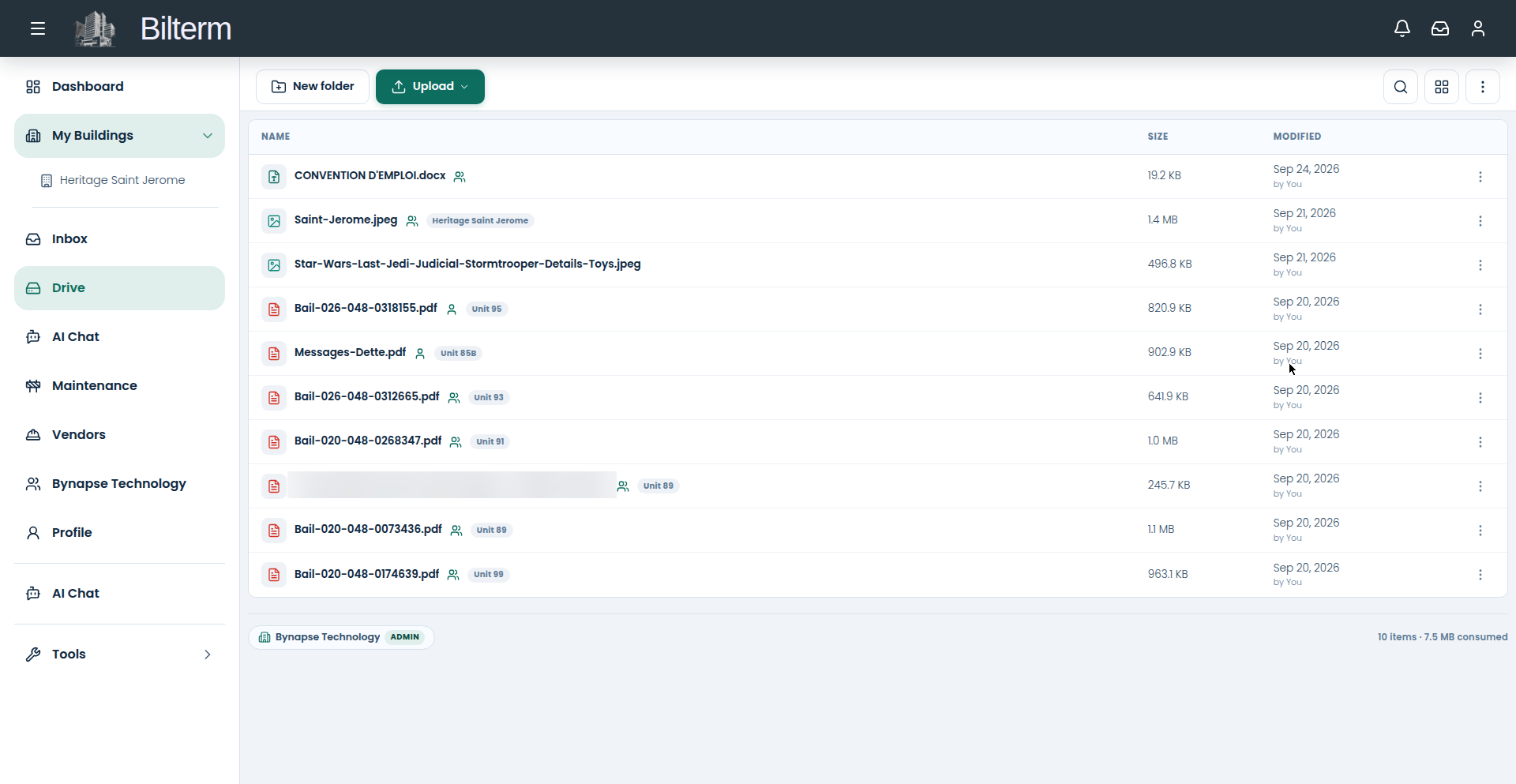Drive file manager screenshot with tenant email addresses blurred out