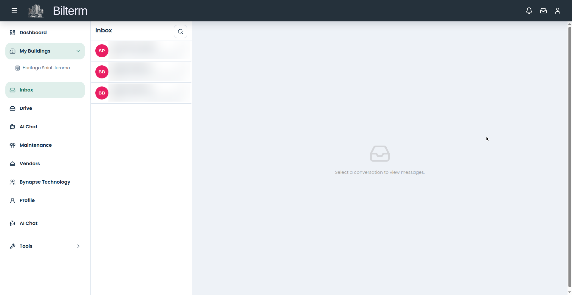 Unified inbox screenshot with tenant email addresses blurred out
