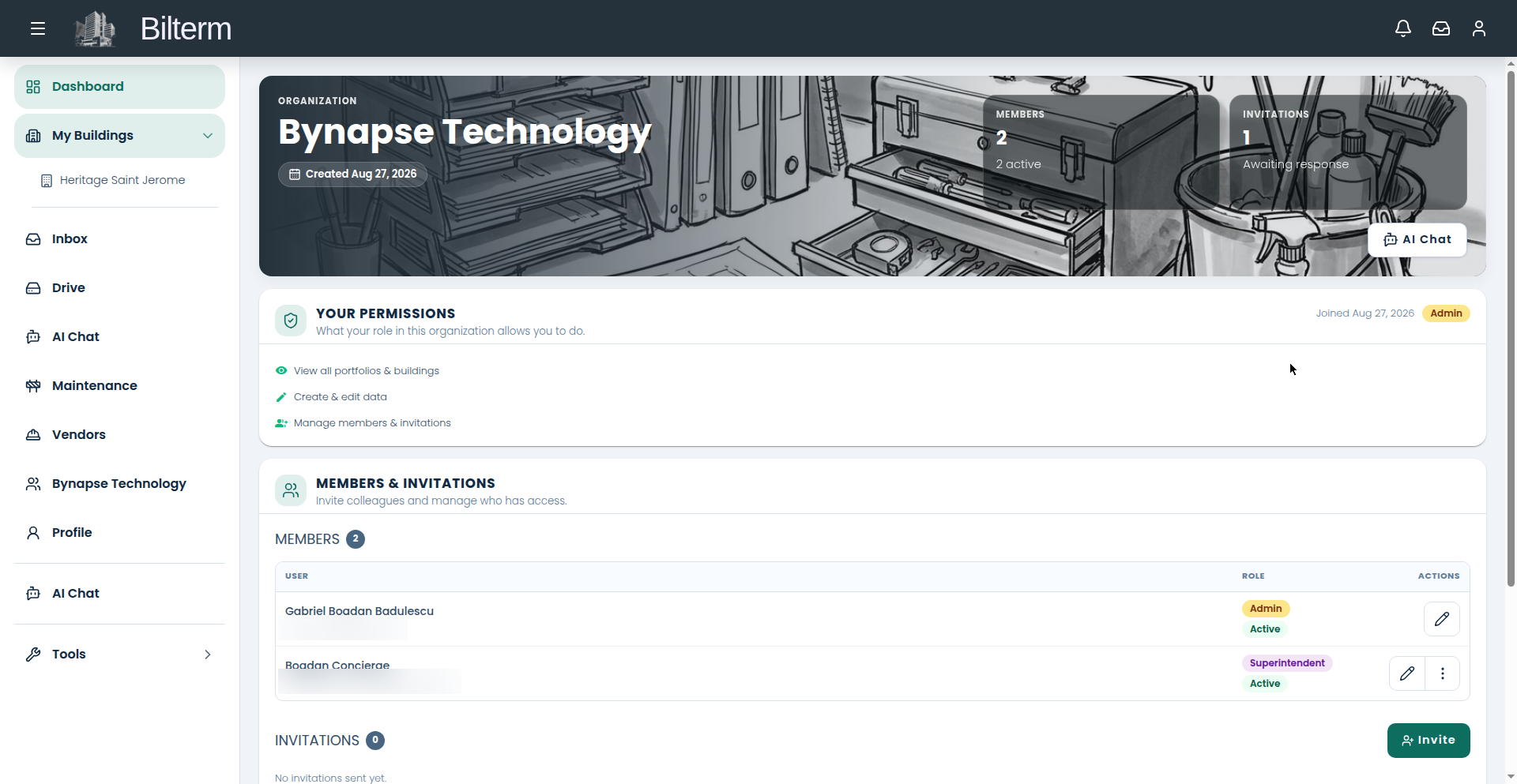 Team page screenshot with member and tenant email addresses blurred out